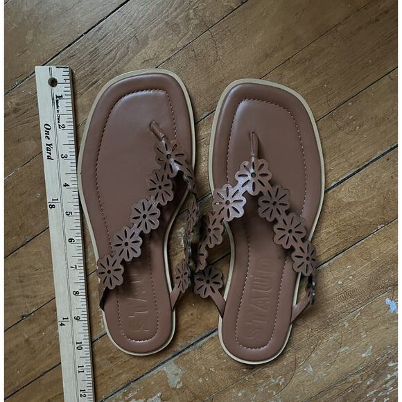 NEW Staud Dante Floral Leather Thong Slide Tan Cognac Women’s 39.5 - Picture 4 of 4